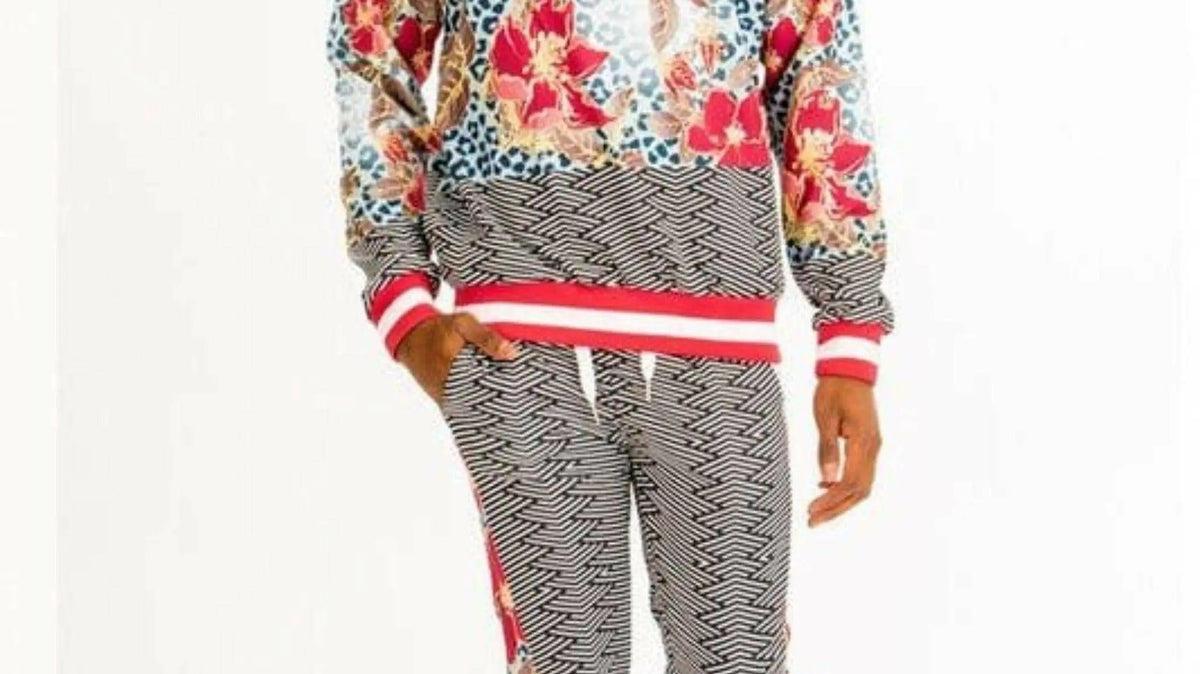 Men's red print hoodie and sweatpants tracksuit set