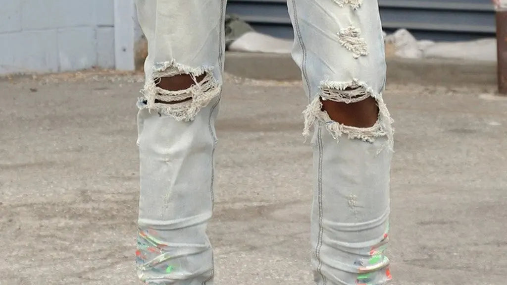 Men's selvedge paint splatter distressed denim jeans