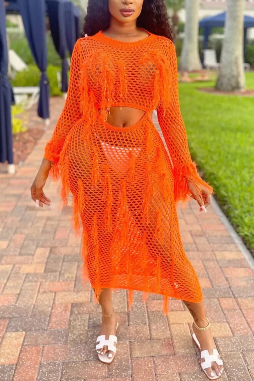 Hollow knit maxi dress front view - Epicplacess