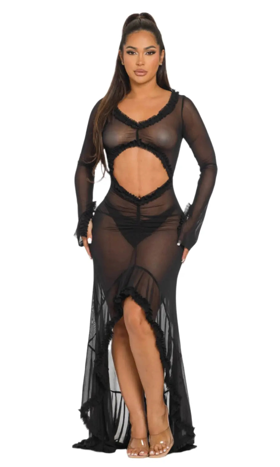 Kiana Cut Out Ruffle Mesh Maxi Dress - Epicplacess