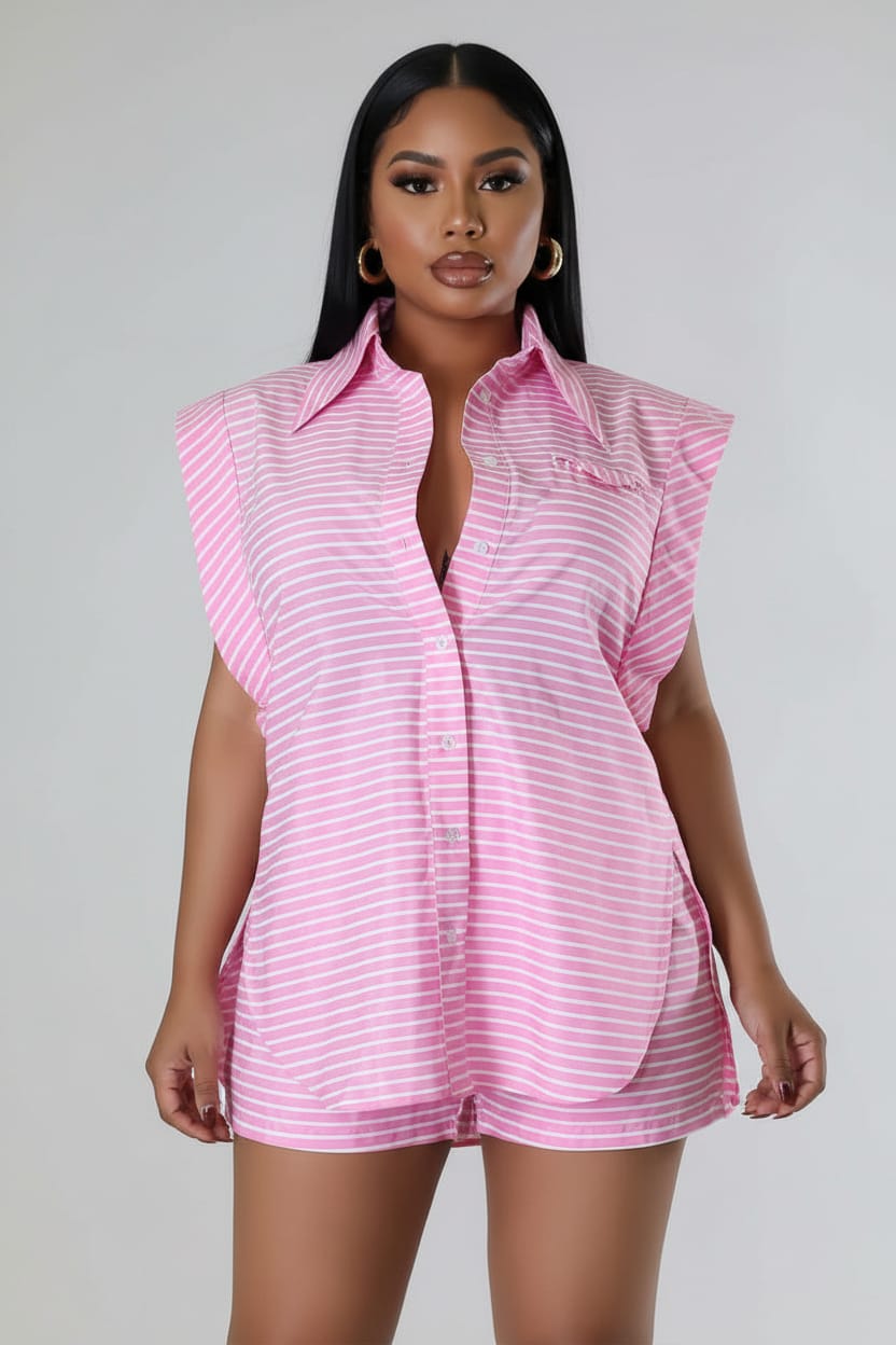 Striped Sleeveless Button-Down Shirt & Shorts Co-Ord Set - Epicplacess