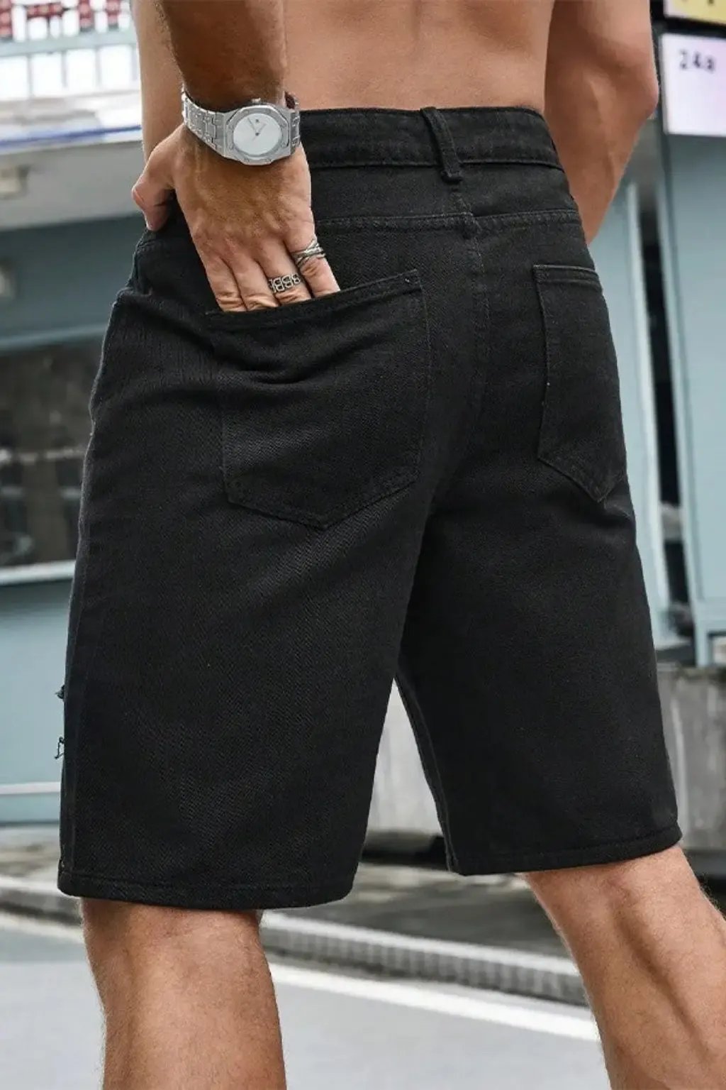 Raw hem denim shorts front view - Epicplacess