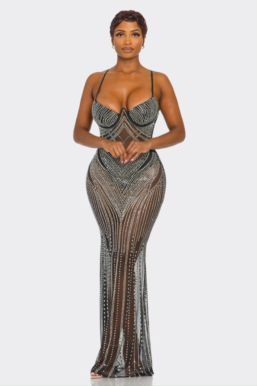 A woman modeling a floor-length, bodycon evening gown covered in silver rhinestones over a sheer black mesh base, set against a solid light gray background.