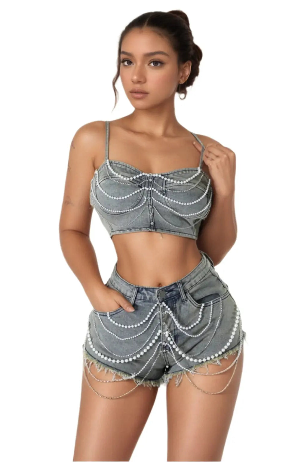 Pearl Chain Ya Business Denim Set Shorts - Epicplacess