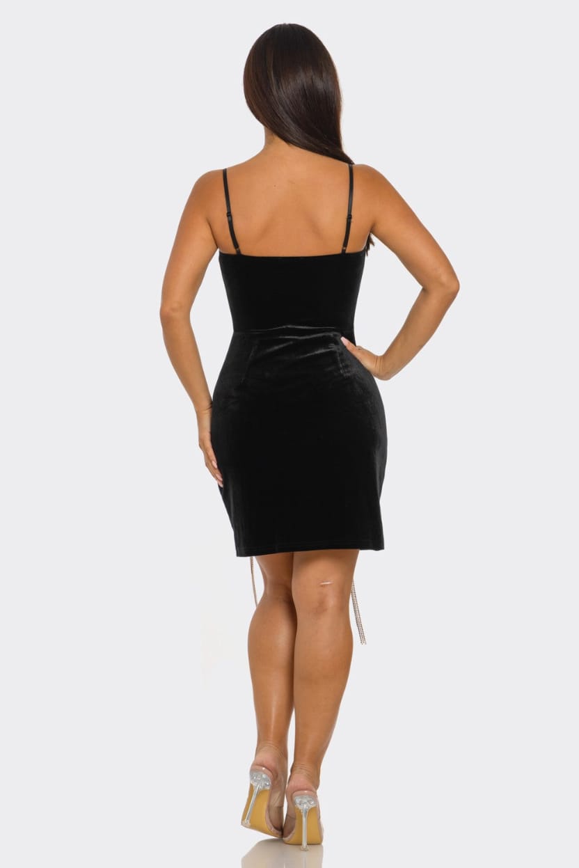 Black velvet spaghetti strap mini dress back view