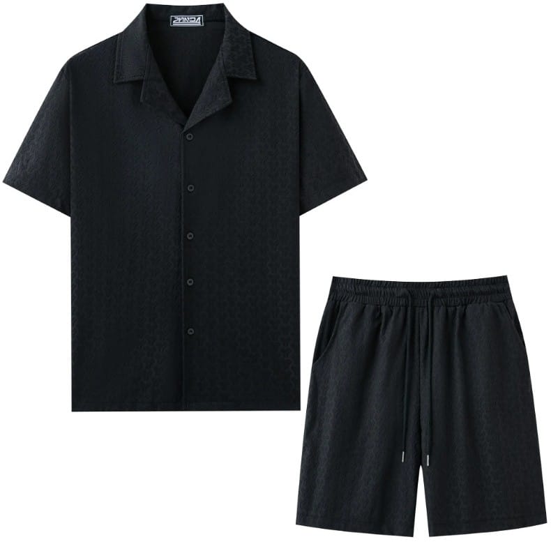 Men's Textured Jacquard Co-ord Set – Black Flat Lay