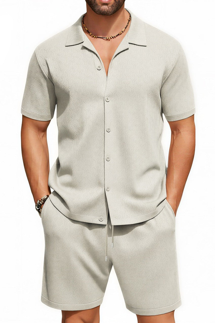 Men's Textured Jacquard Co-ord Set – Stone Model Front View