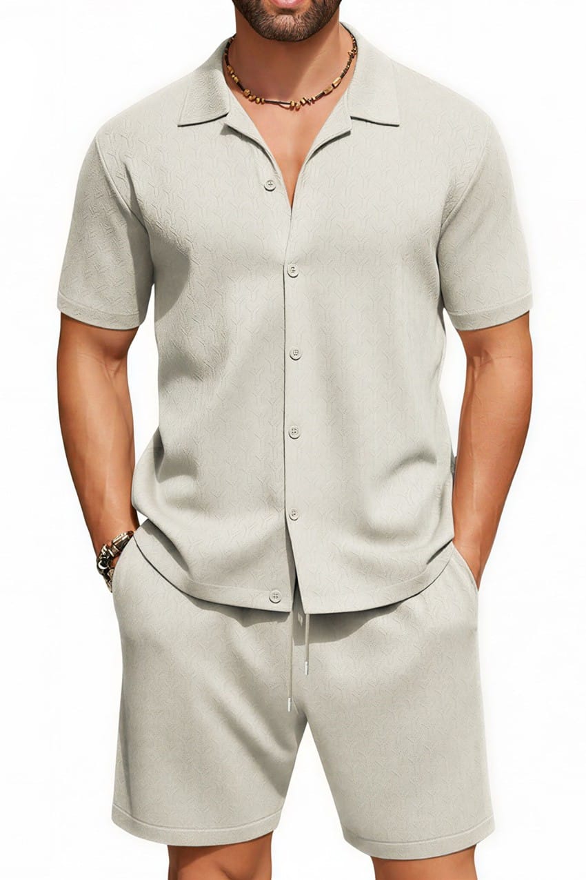 Men's Textured Jacquard Co-ord Set – Stone Model Front View