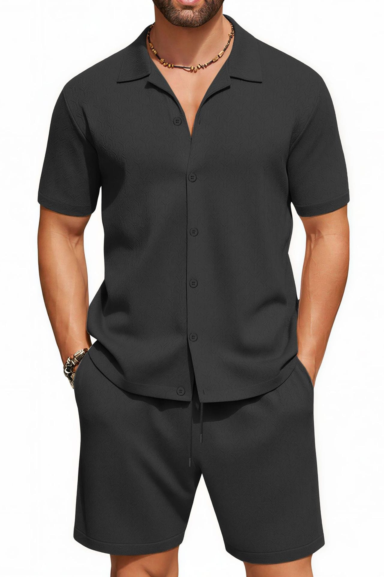 Men's Textured Jacquard Co-ord Set – Black Model Front View