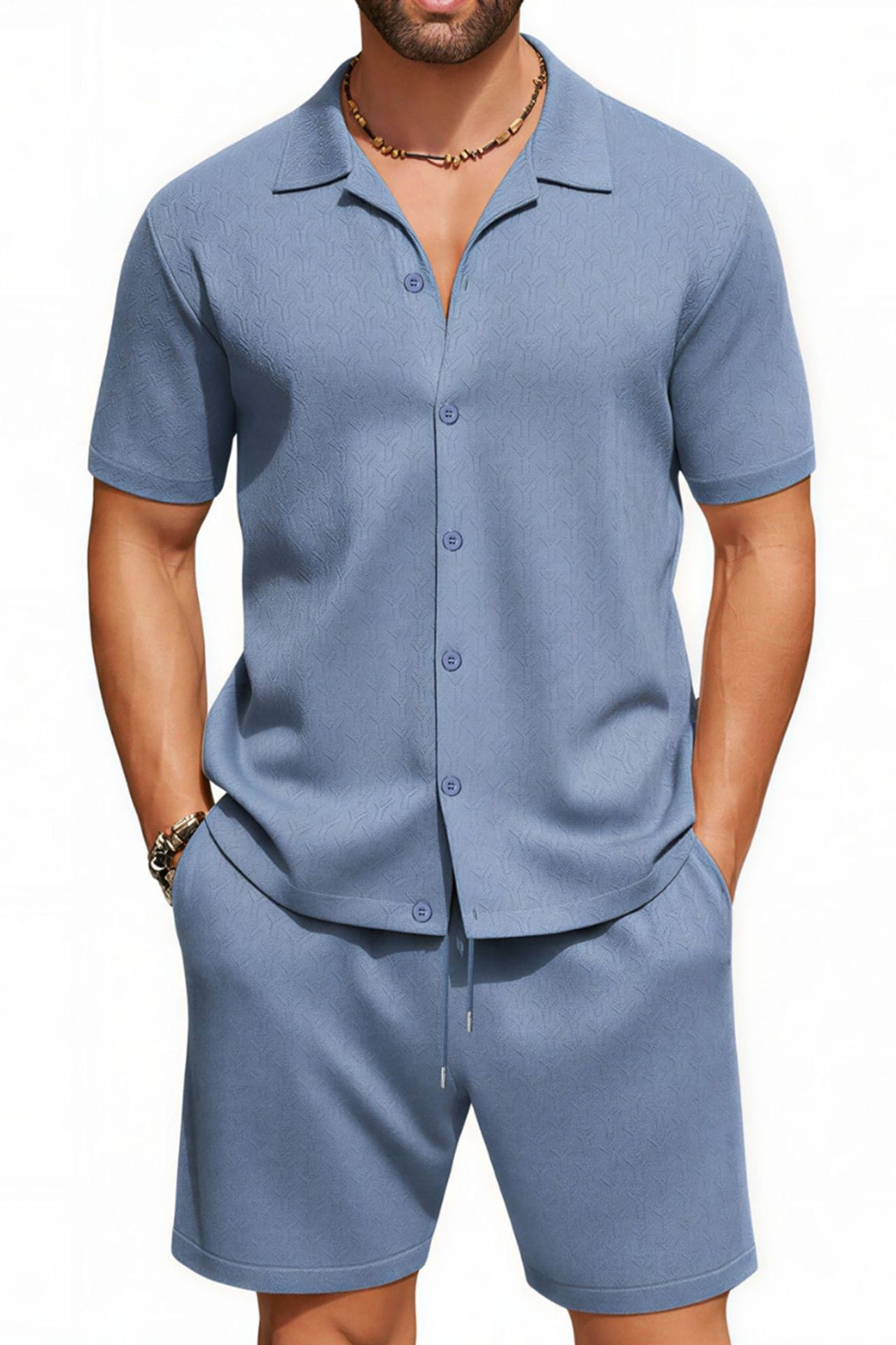 Men's Textured Jacquard Co-ord Set – Blue Model Front View