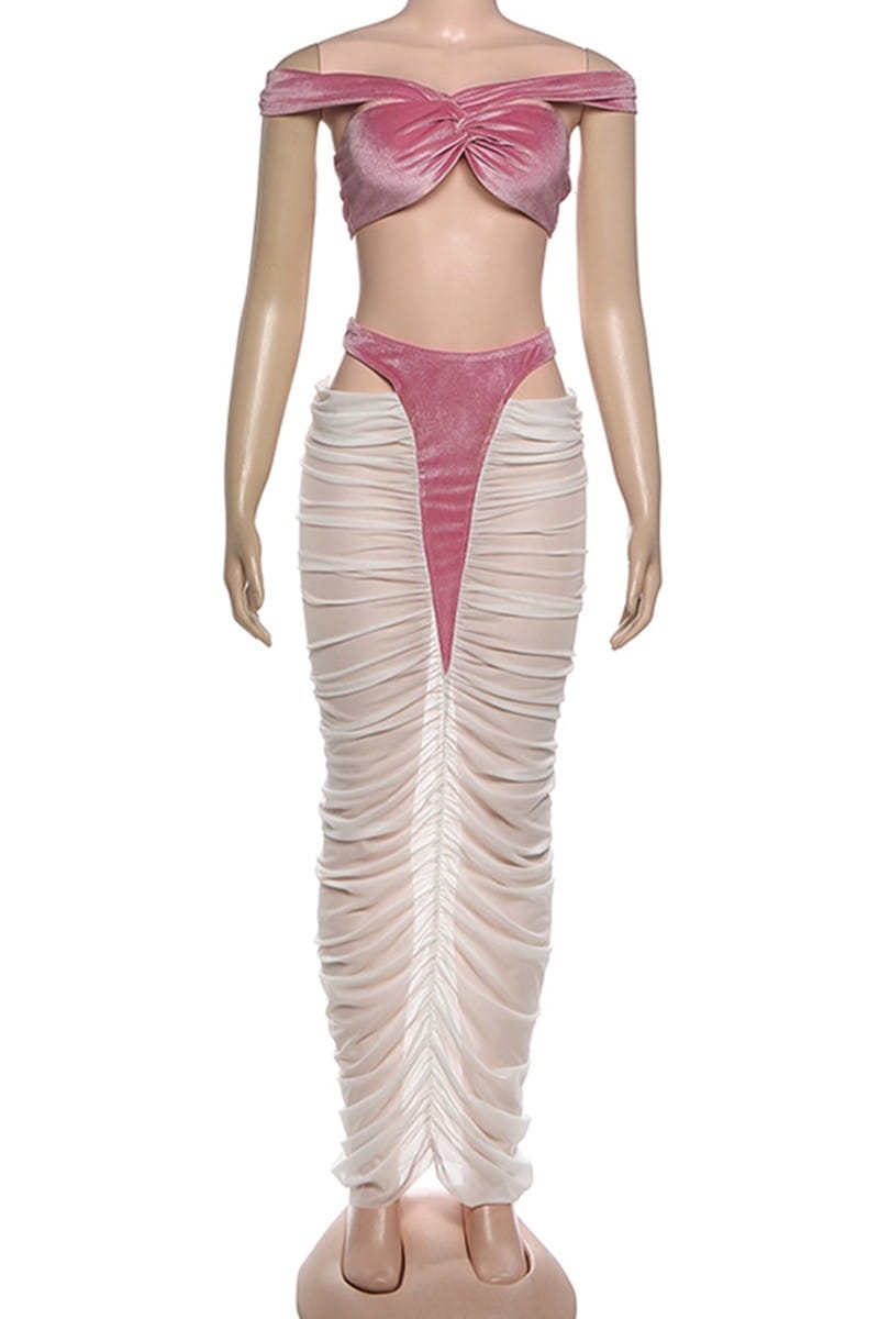 Pink off-shoulder maxi skirt set front view - Epicplacess