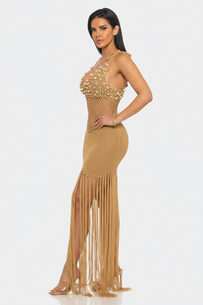Gold fringe dress front view - Epicplacess