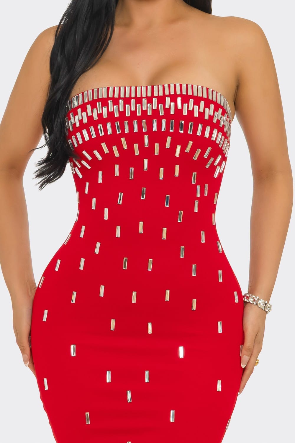 Midnight Dazzle Black Rhinestone Strapless Midi Dress - model view