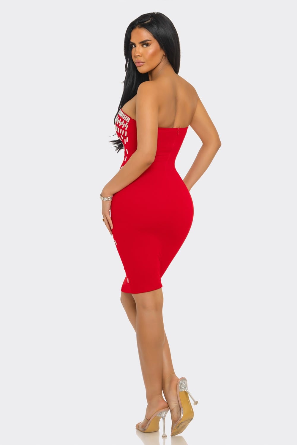 Midnight Dazzle Black Rhinestone Strapless Midi Dress - close-up view