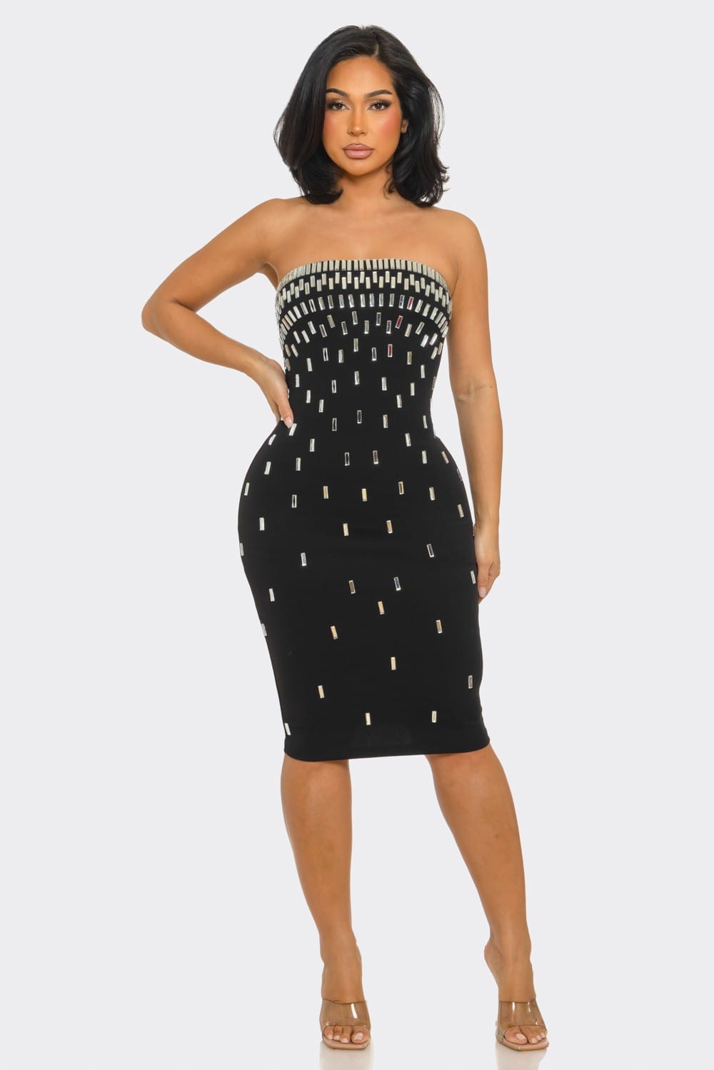 Midnight Dazzle Black Rhinestone Strapless Midi Dress - full length view