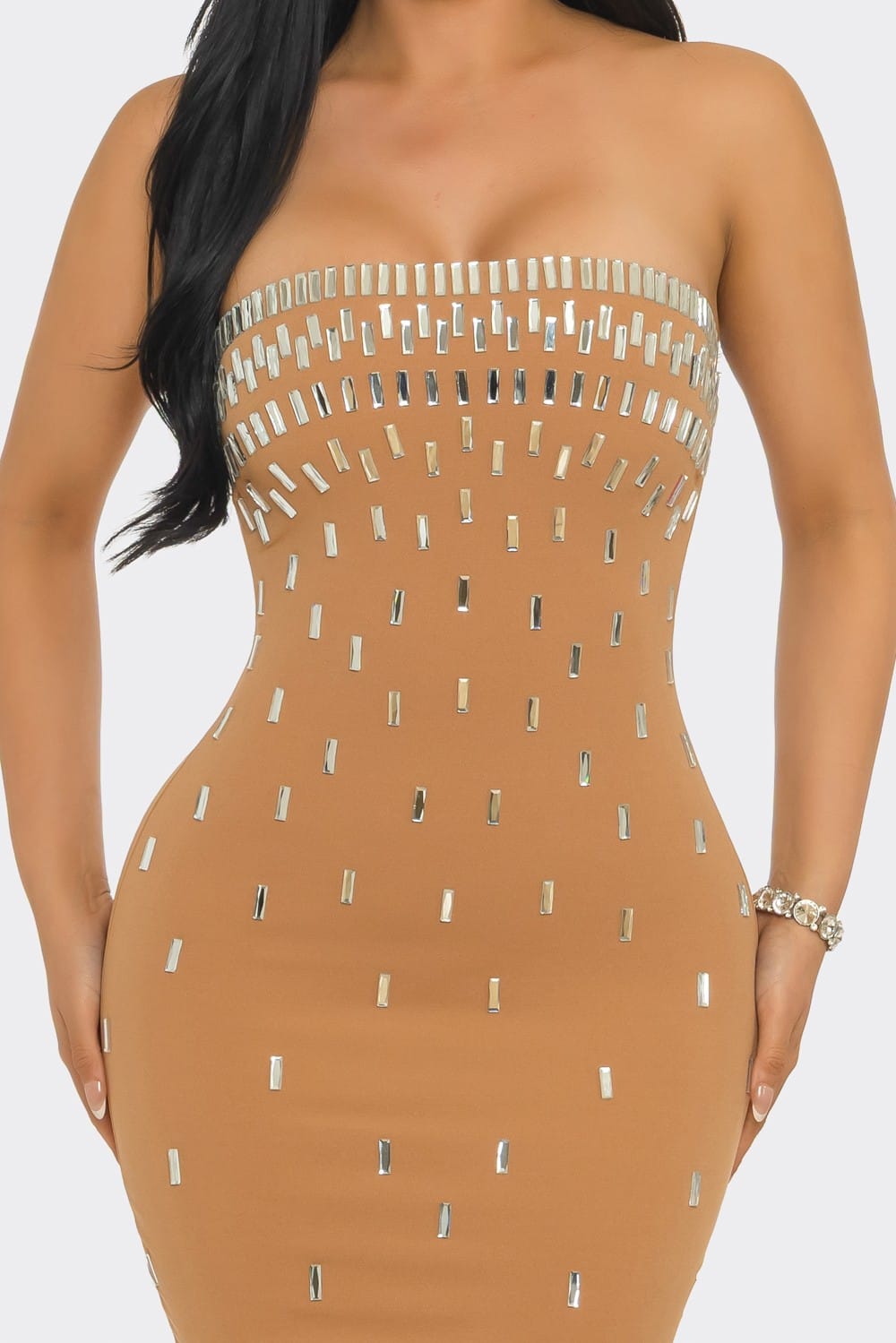 Midnight Dazzle Black Rhinestone Strapless Midi Dress - side view