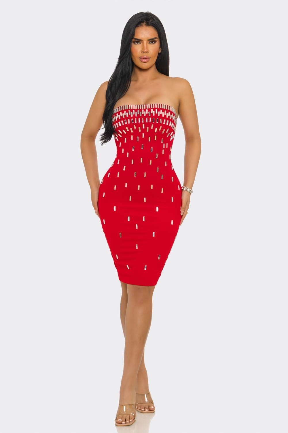 Midnight Dazzle Black Rhinestone Strapless Midi Dress - alternate angle
