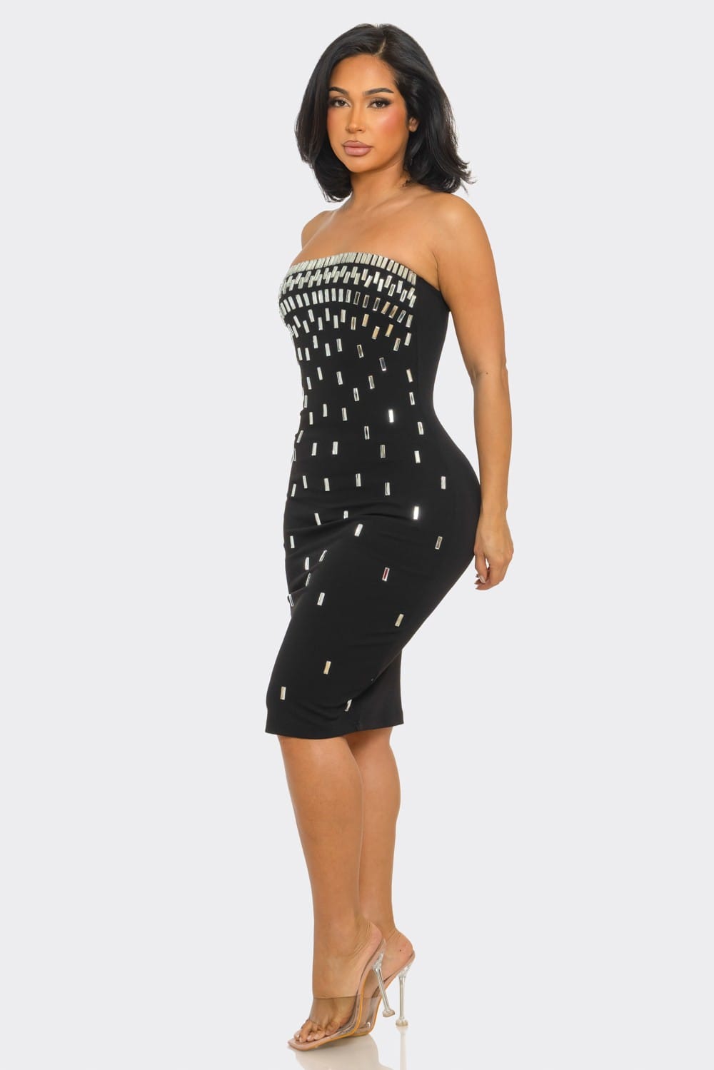Midnight Dazzle Black Rhinestone Strapless Midi Dress - back view