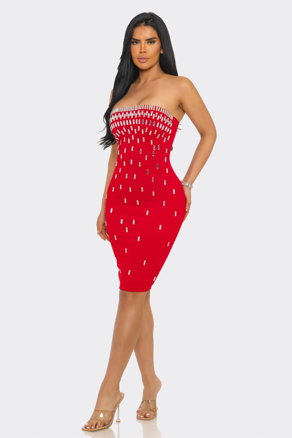 Midnight Dazzle Black Rhinestone Strapless Midi Dress - alternate front view
