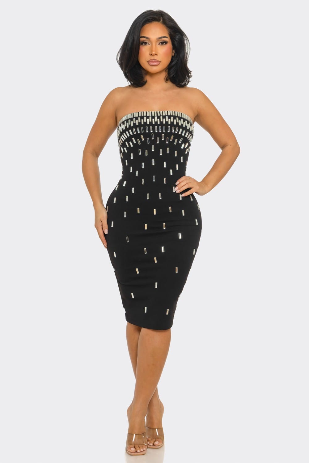 Midnight Dazzle Black Rhinestone Strapless Midi Dress - front view