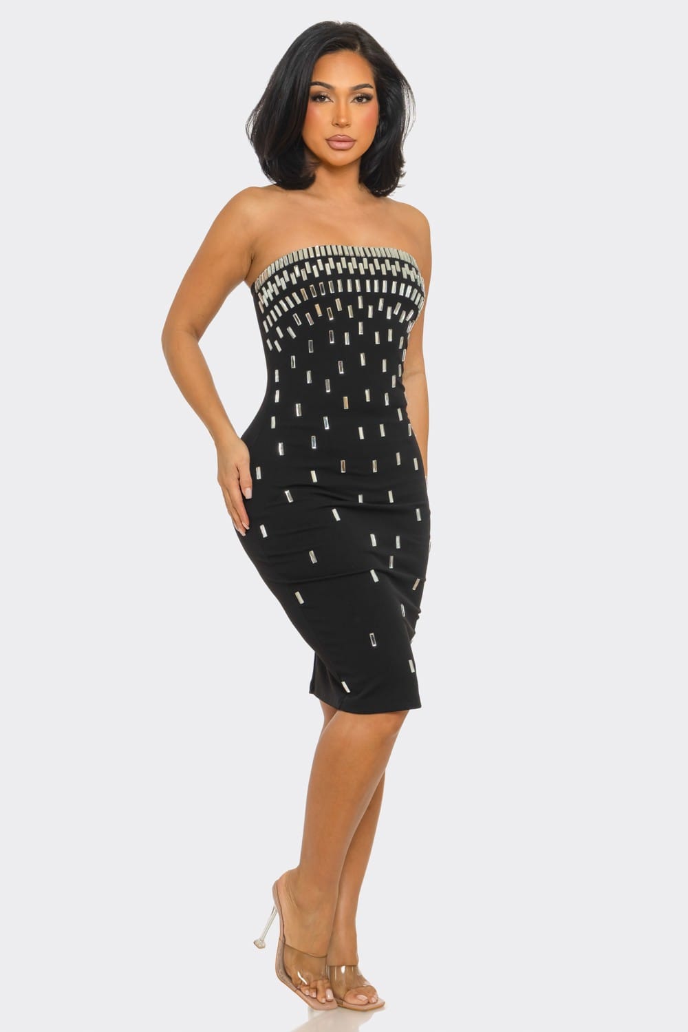 Midnight Dazzle Black Rhinestone Strapless Midi Dress - rhinestone detail