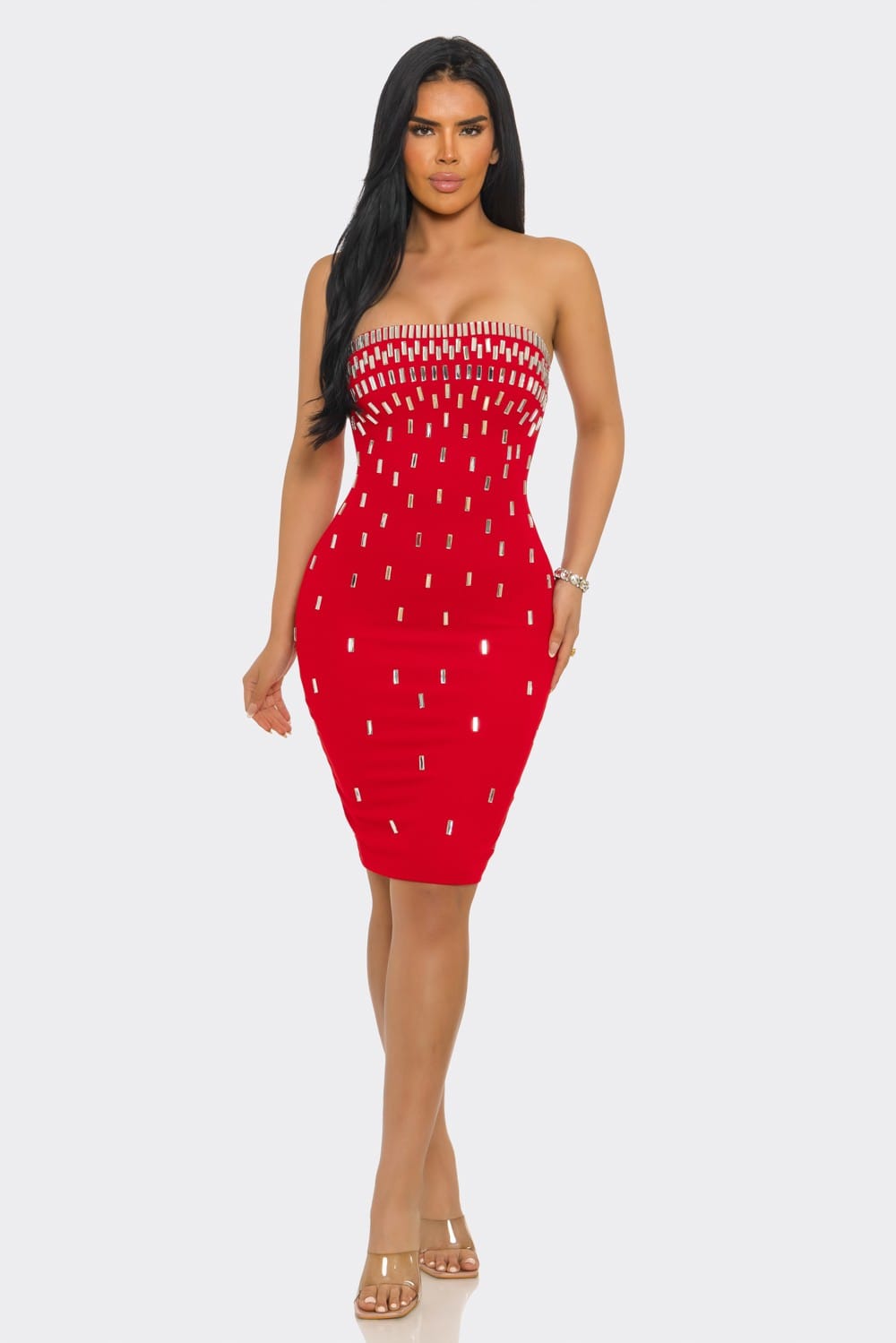 Midnight Dazzle Black Rhinestone Strapless Midi Dress - skirt detail