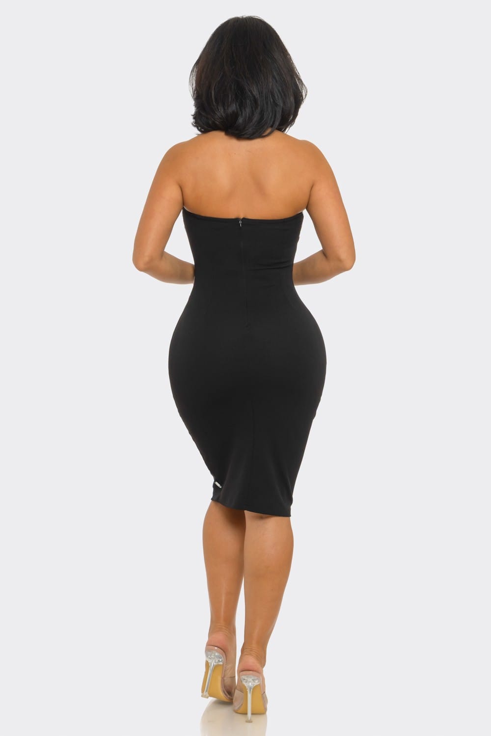 Midnight Dazzle Black Rhinestone Strapless Midi Dress - styled view