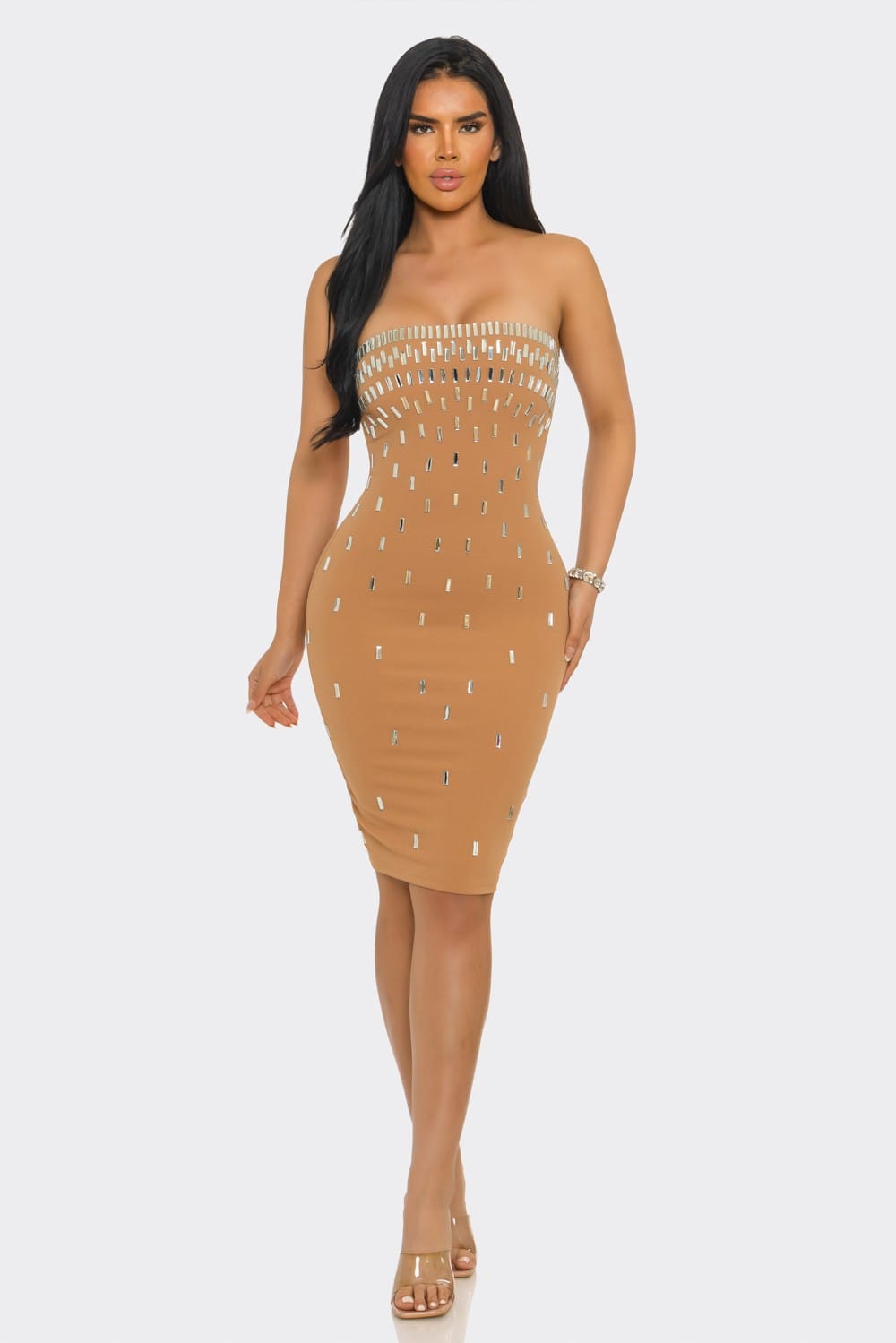 Midnight Dazzle Black Rhinestone Strapless Midi Dress - detail view