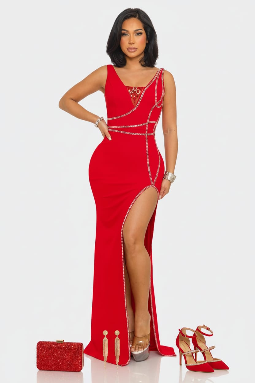 A woman modeling a bright red sleeveless maxi gown with a high thigh slit, embellished with silver chain details and a jeweled neckline, set against a plain light gray background.