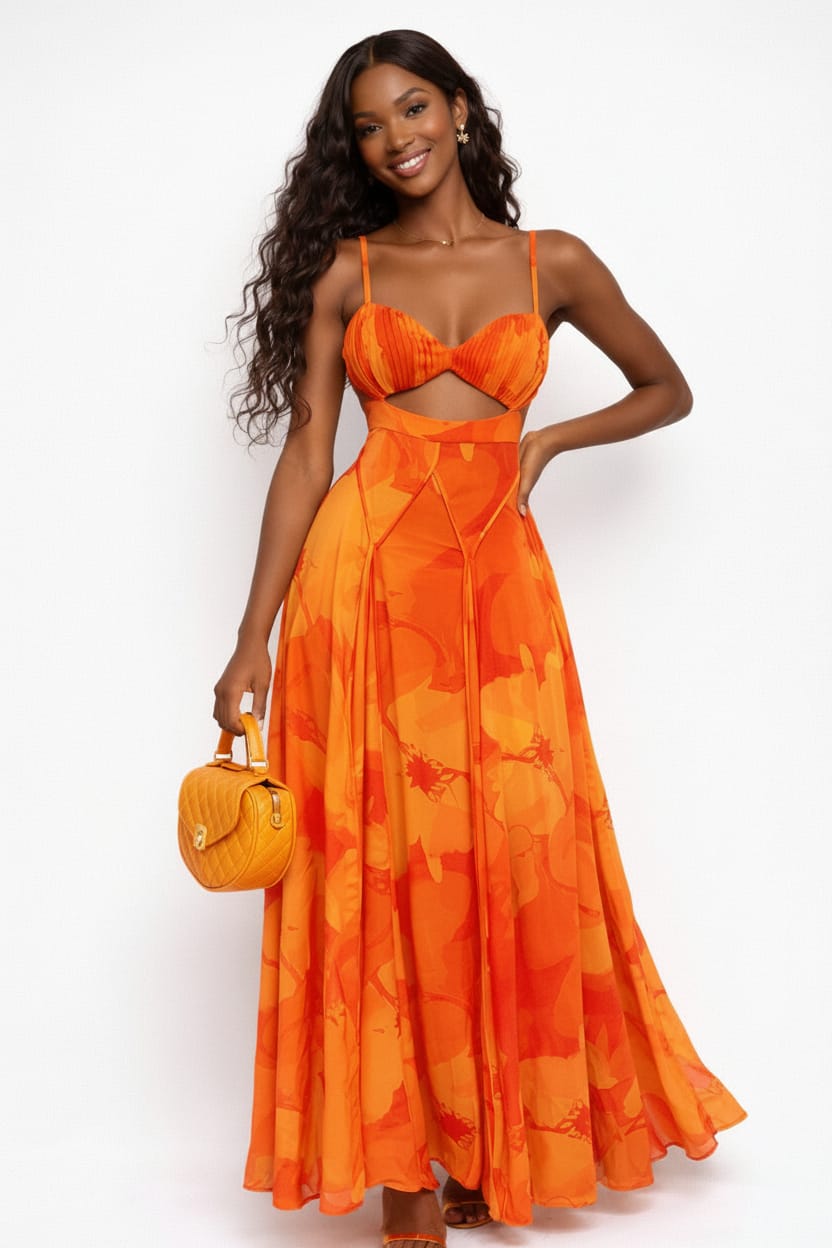 Orange Floral Cutout Spaghetti Strap Maxi Dress - Epicplacess