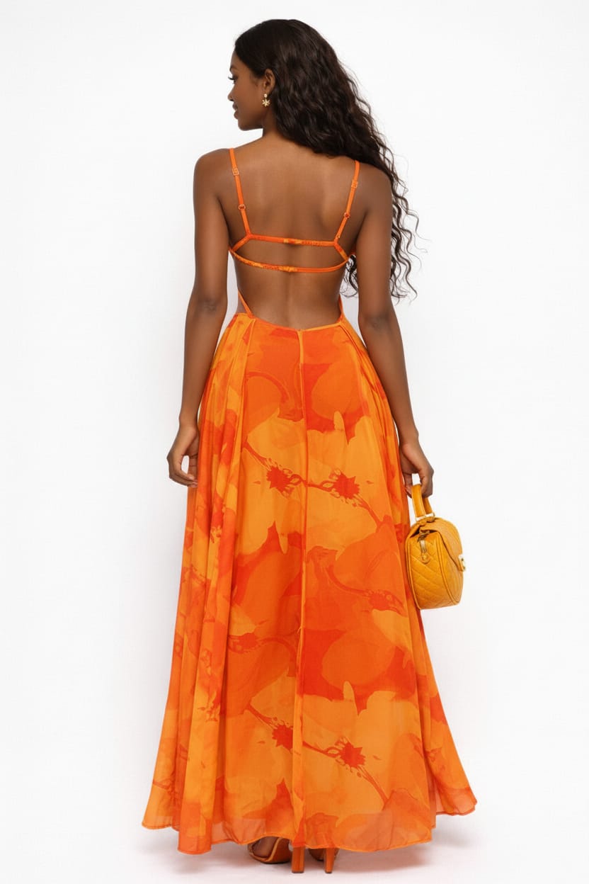 Orange Floral Cutout Spaghetti Strap Maxi Dress - Epicplacess