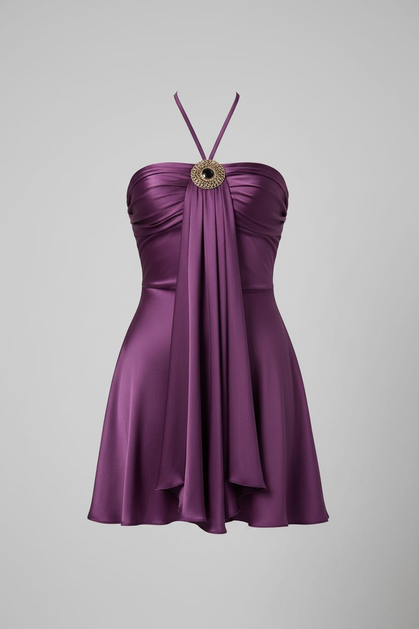 A woman wearing a strapless halter mini dress in deep purple with a large decorative circular brooch at the neckline, paired with silver bangles, set against a neutral indoor background.