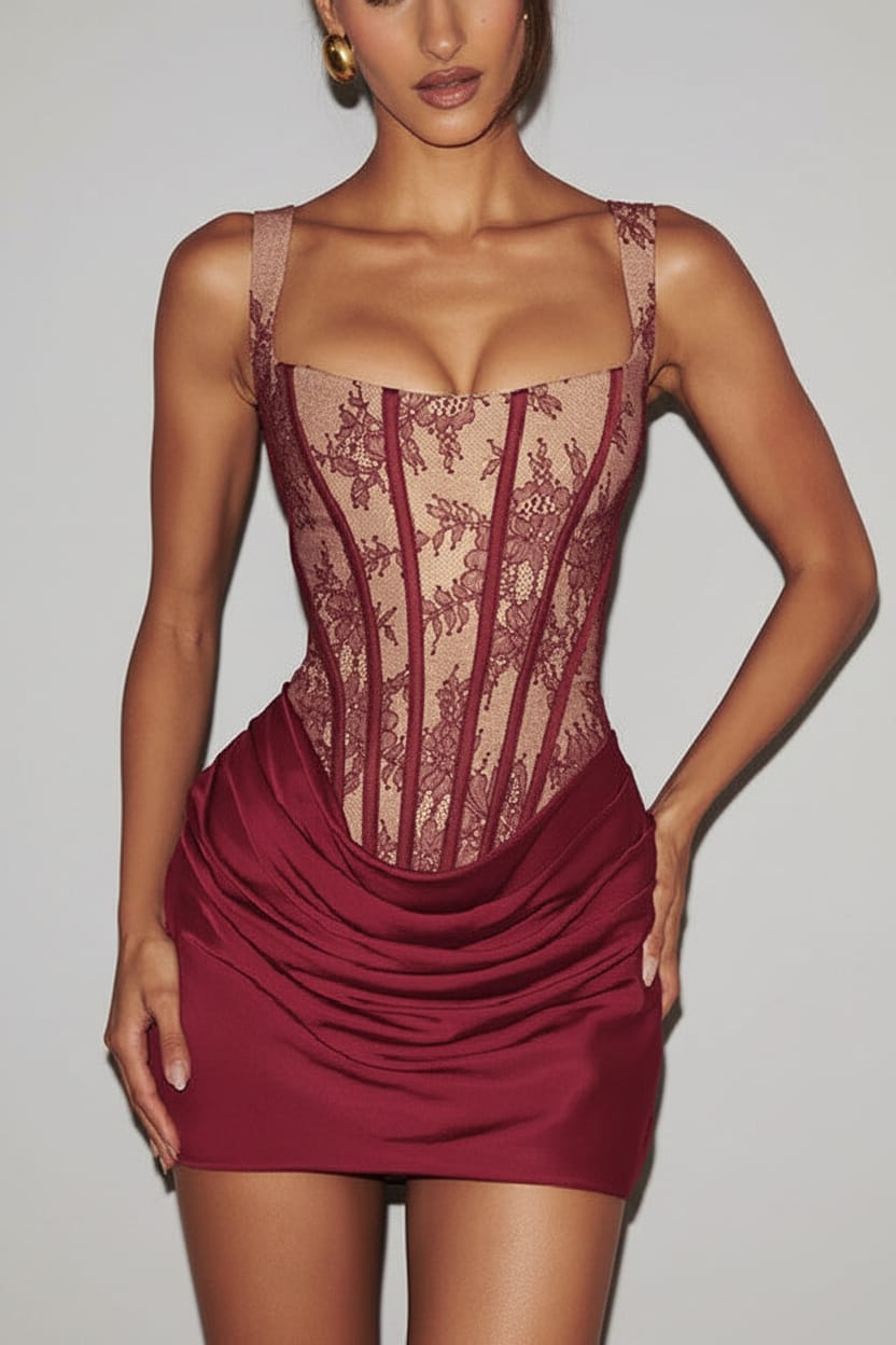 A model wearing a short burgundy and beige lace corset mini dress with ruched fabric, posed against a beige textured background.