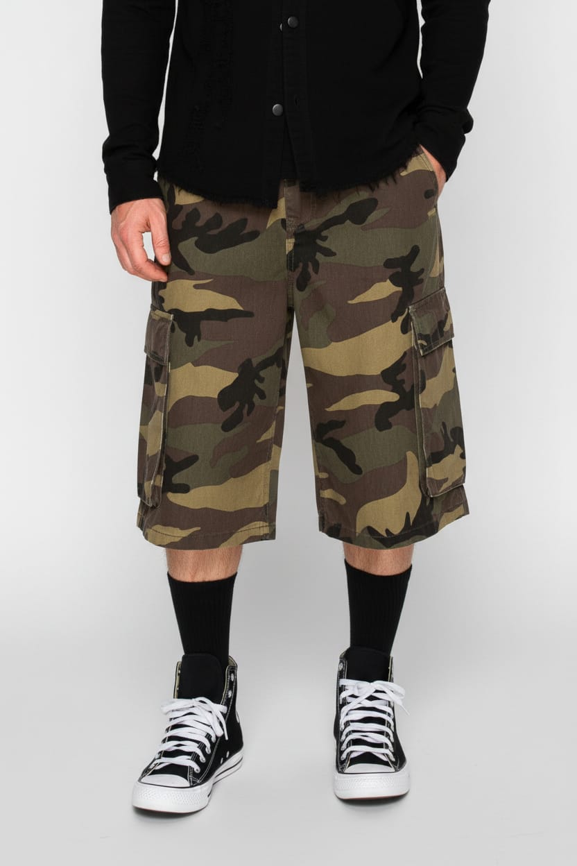 Camouflage cargo shorts worn by a person on a white background