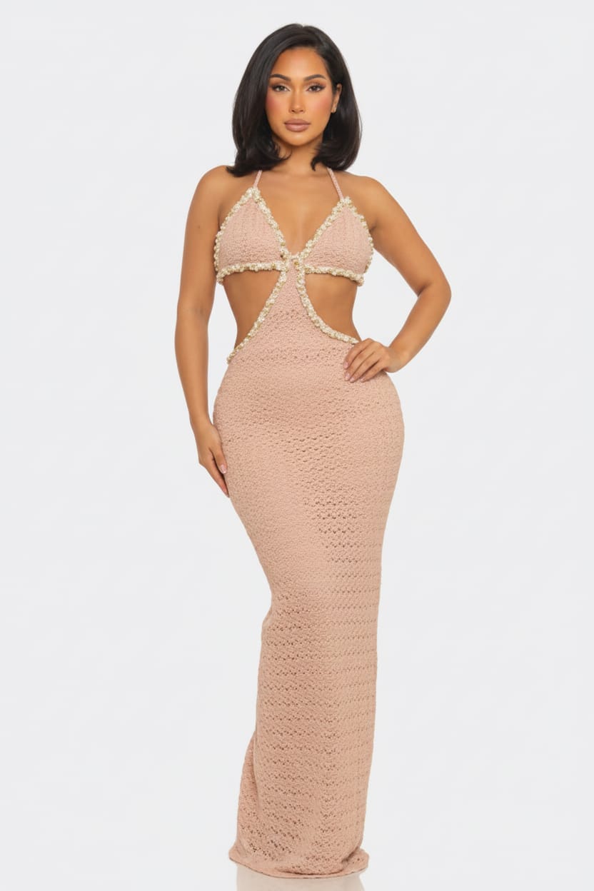 Pink scallop crochet halter maxi dress - Epicplacess