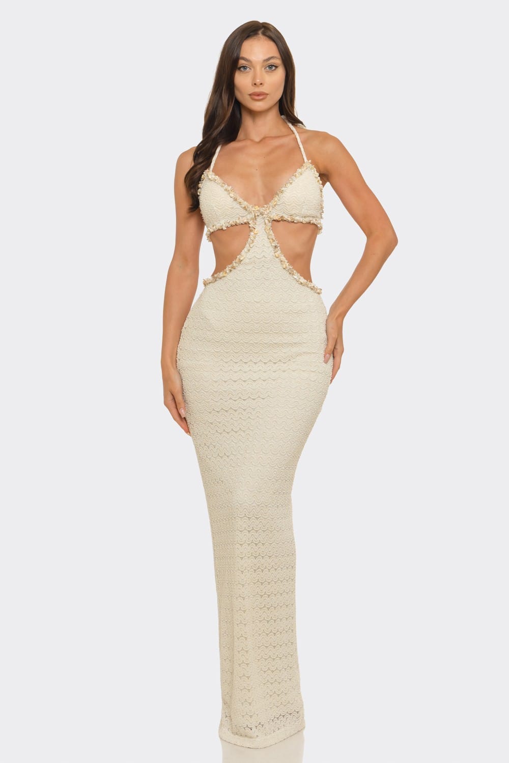 Beige scallop crochet halter maxi dress - Epicplacess