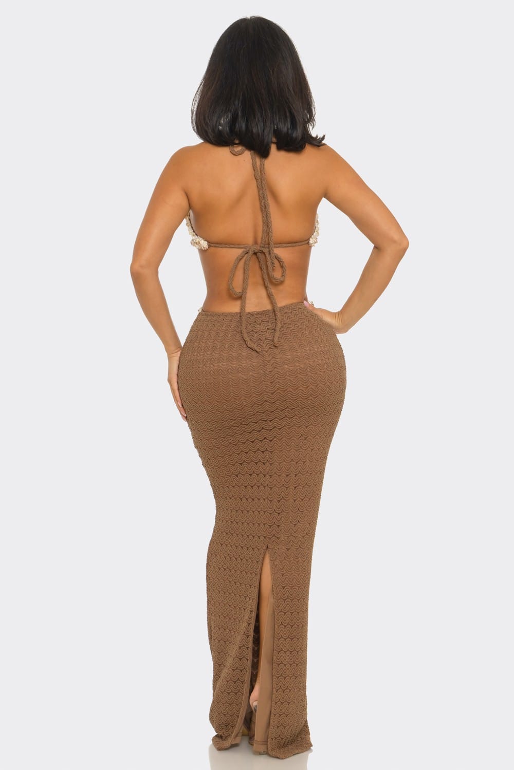 Brown crochet halter maxi dress detail - Epicplacess