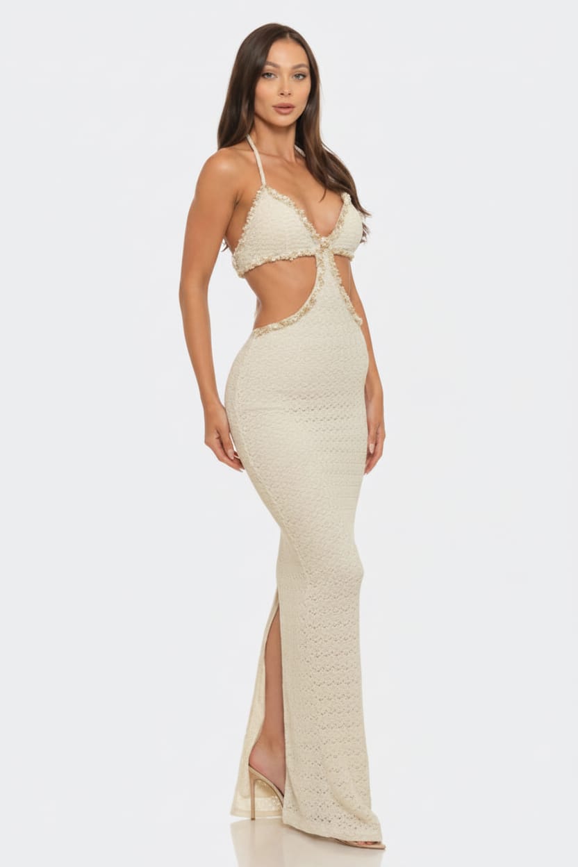 Beige crochet halter maxi dress detail - Epicplacess