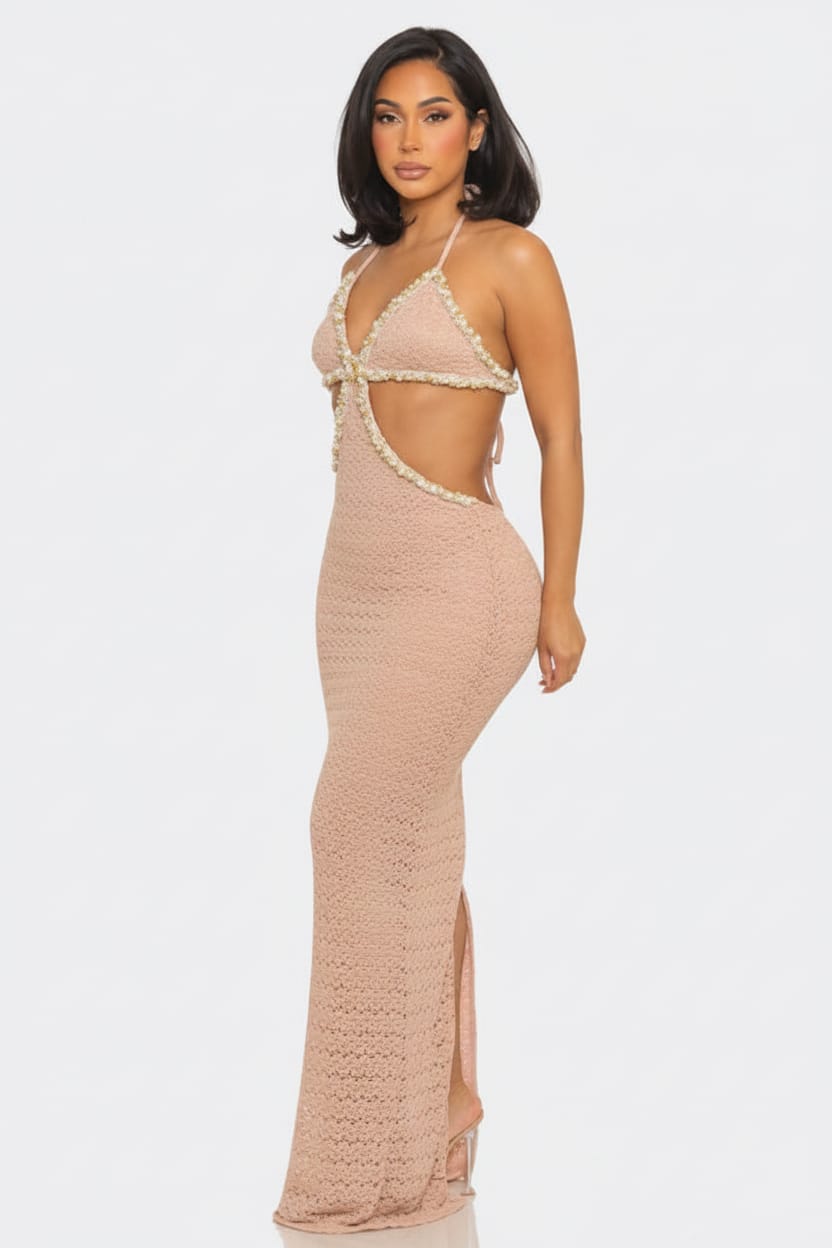 Pink crochet halter maxi dress outfit - Epicplacess