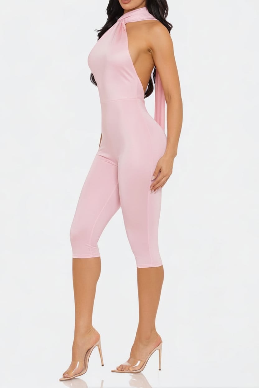 Twisted Halter Neck Open Back Cape Capri Jumpsuit - Epicplacess