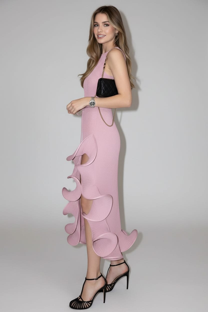 Woman wearing a pink dress with ruffled details against a white wall.