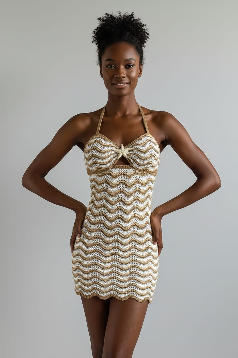 Beige and white crochet dress on a mannequin against a beige background