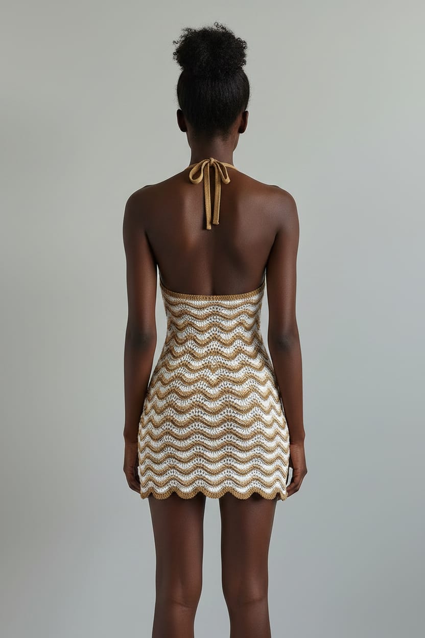 Woven dress on a mannequin against a beige background