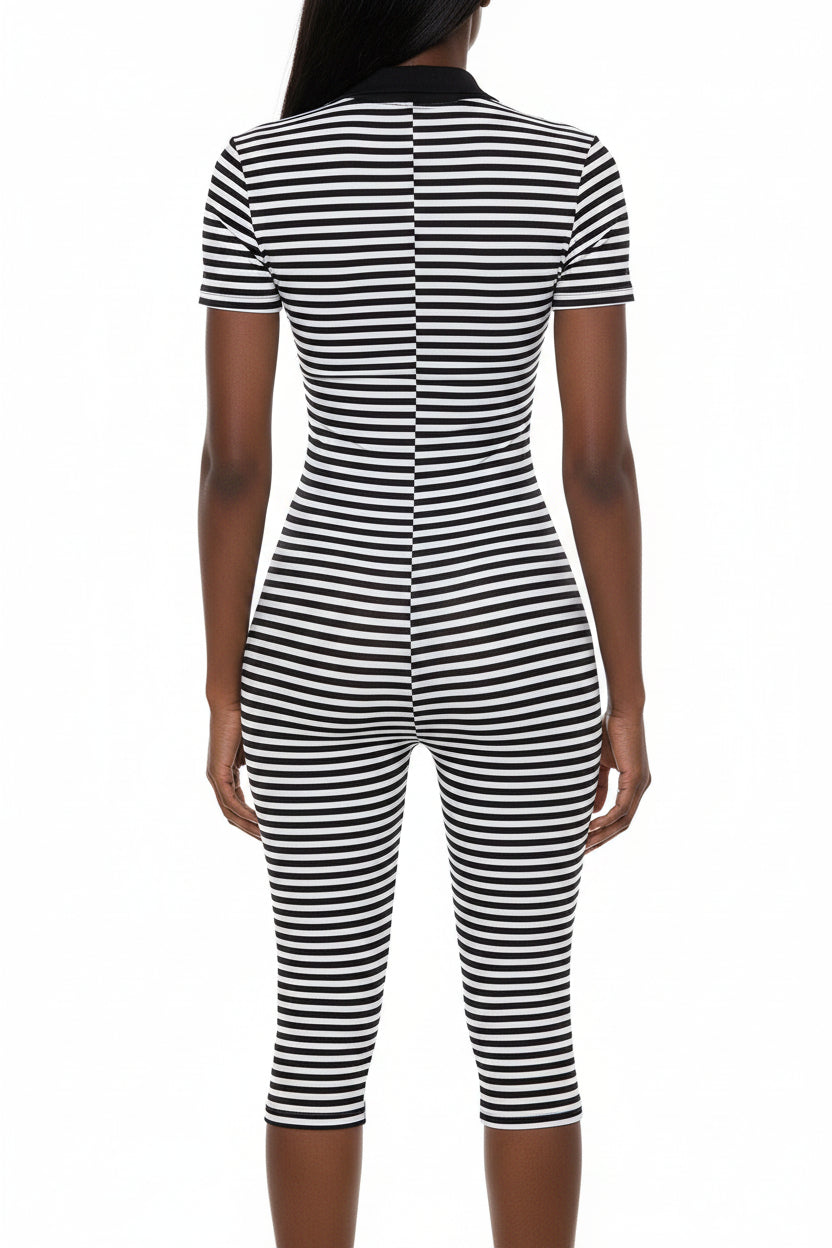 A black and white horizontally striped short-sleeve bodycon jumpsuit shown from the back on a white mannequin against a white background.