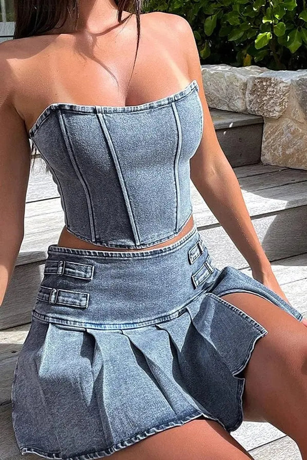 Pleated denim skirt set front view - Epicplacess