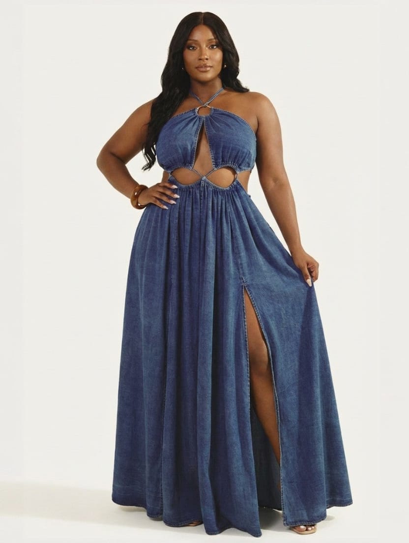 Woman wearing a blue denim dress with cut-out design on a white background