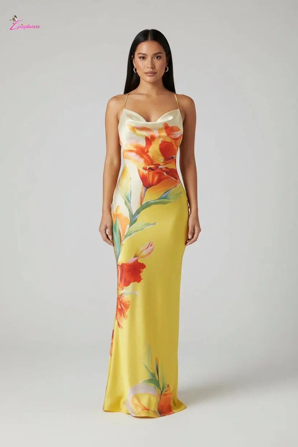 Tropical Floral Cowl Neck Open Back Maxi Dress | Yellow - Epicplacess