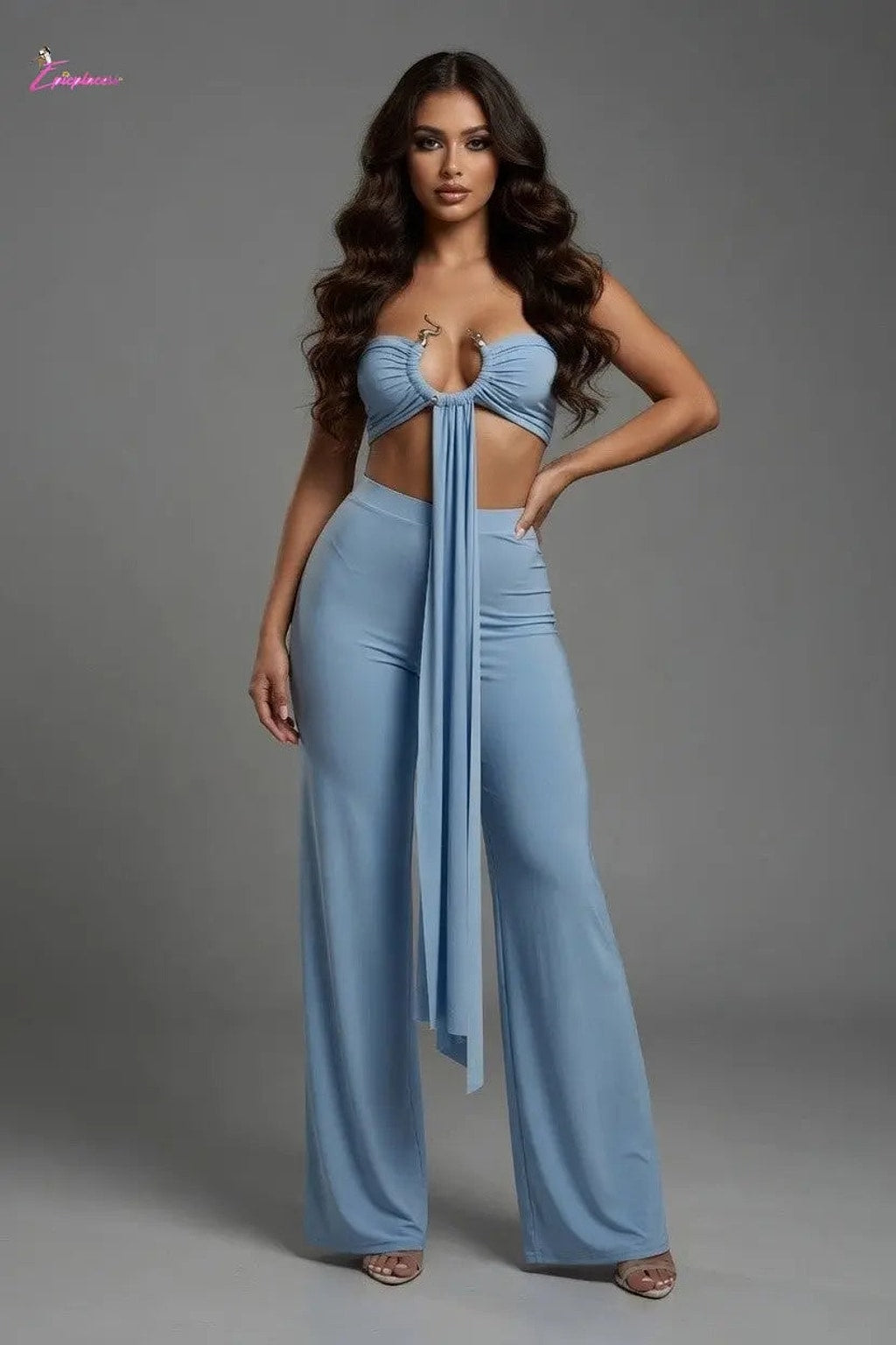 Serpent Charm Ruched Crop & Wide-Leg Pant Set - Epicplacess