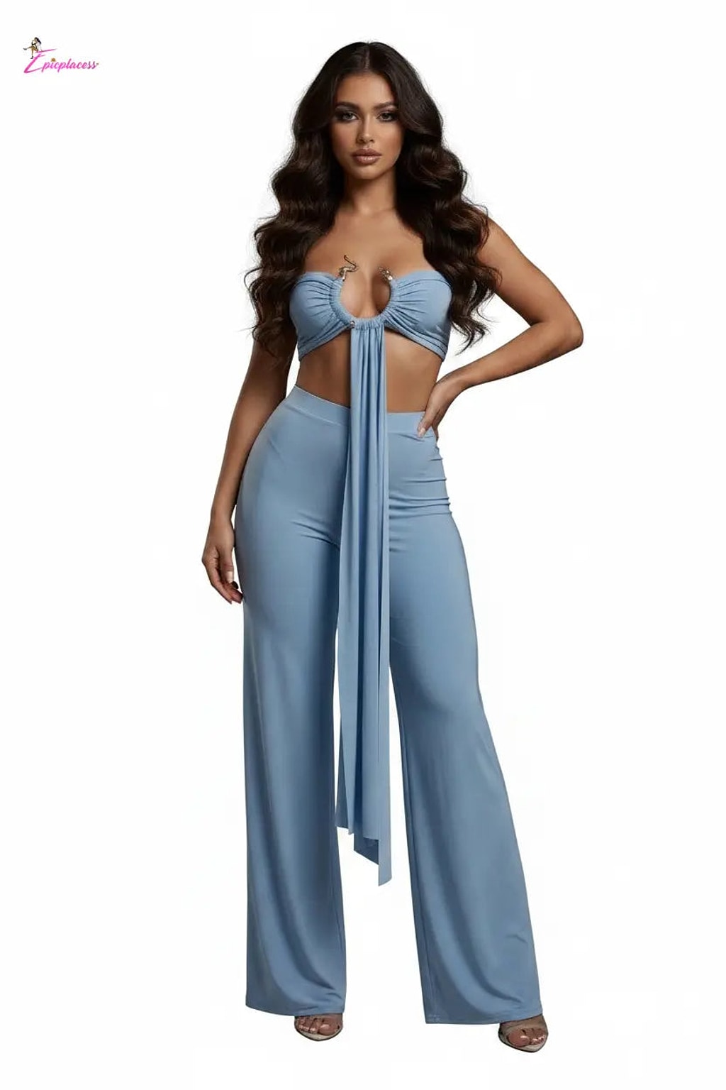 Serpent Charm Ruched Crop & Wide-Leg Pant Set - Epicplacess