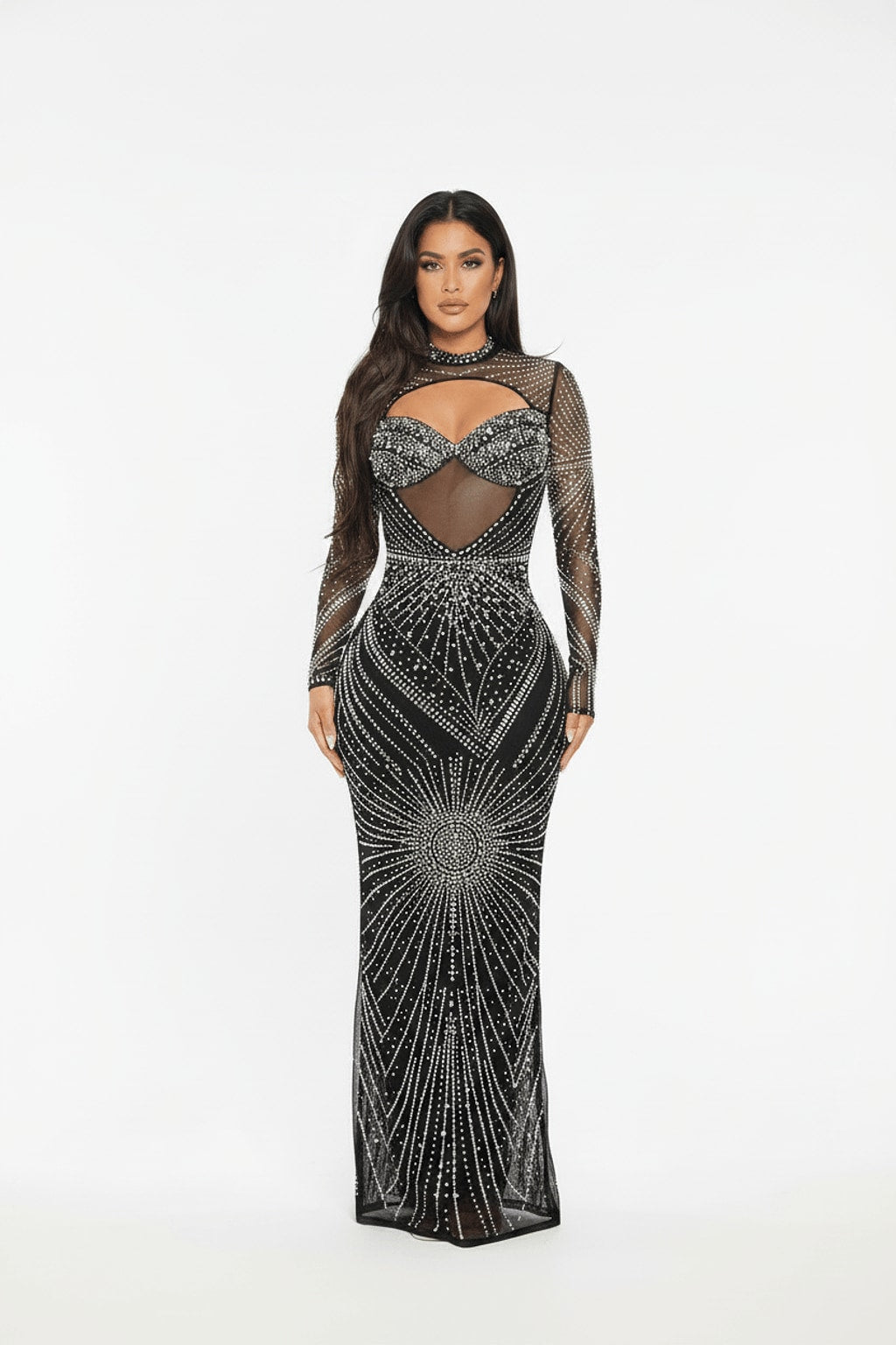 Black crystal baguette rhinestone cutout underwire maxi gown front view